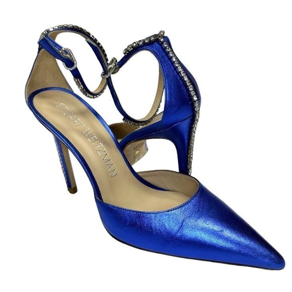 STUART WEITZMAN Glam 100 crystal-embellished leather blue pumps sz 9 - Picture 1 of 11